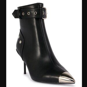 Azalea Wang Amberly Black Booties Size 7 Pointed Metallic Toe Cap Stiletto Heel